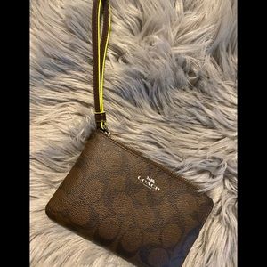 Coach Brown with neon green wristlet monogrammed
